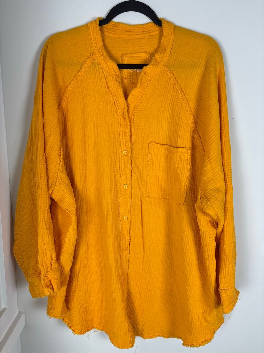Aerie XXL Yellow Double Gauze Button Down Shirt Oversized Raw Hem Boho Cotton